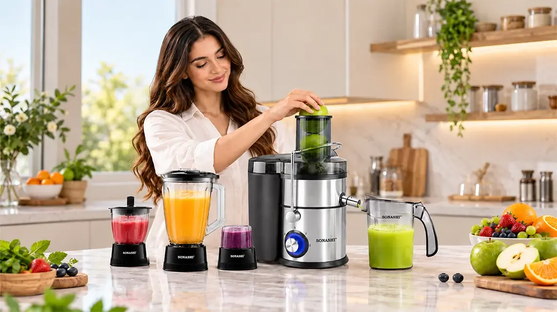Watermelon, orange-pineapple and mango juice beside fresh fruit and a blender